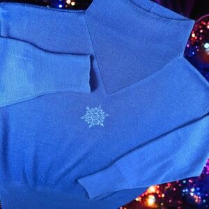 Vintage Metropolis Wool Sweater Women L Blue Snowflake Mock Neck Blend Knit Cozy